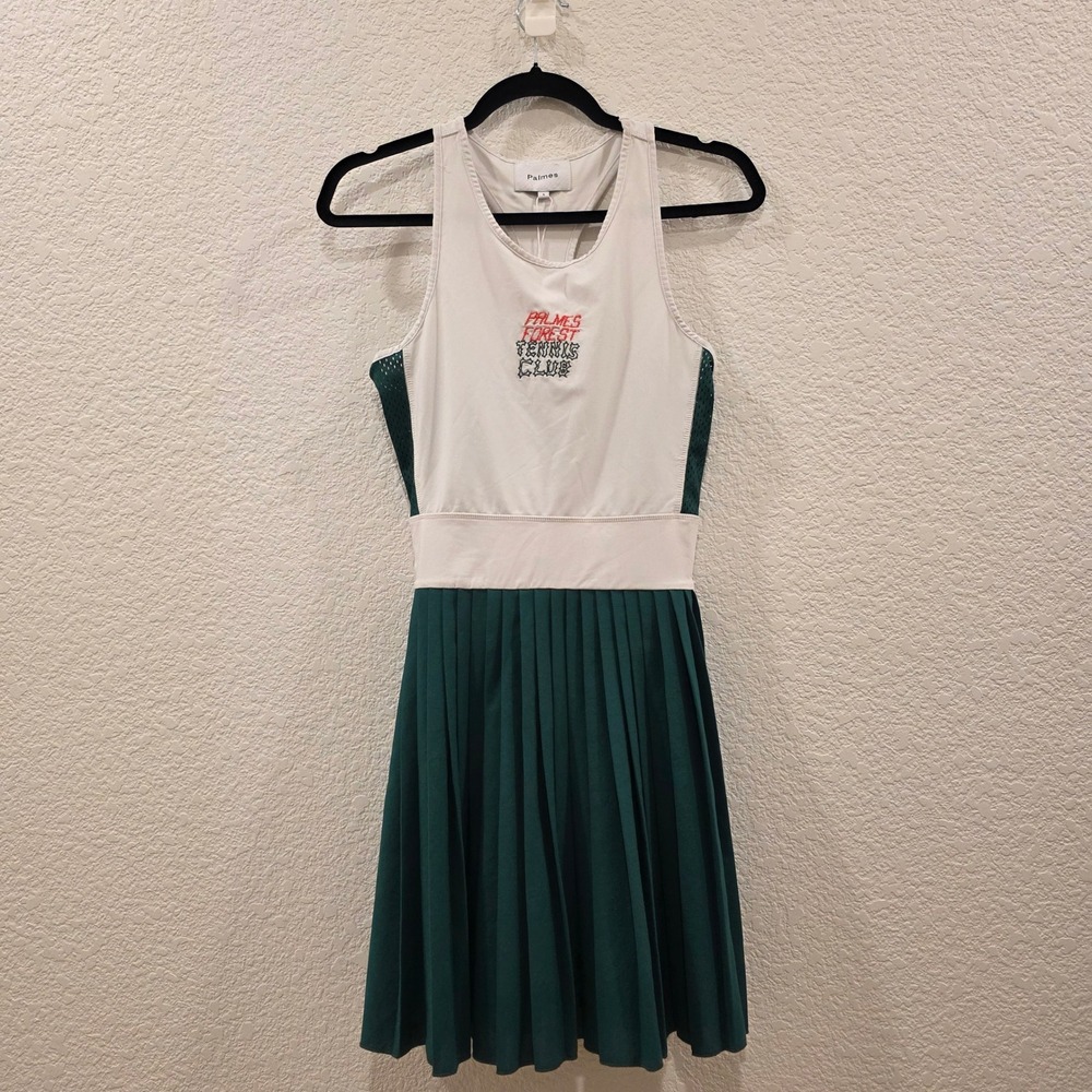 Palmes Forest PTFO Tennis Dress Small White Green Pleated Racerback Preppy NWT